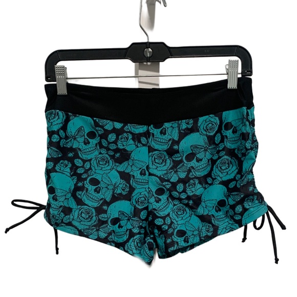 Turquoise Black Trim Goth Skull Graphics Swim Shorts - Picture 1 of 5
